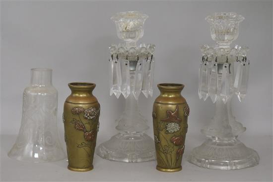 A pair of moulded glass candlesticks and a pair of Meiji bronze small vases, H 28cm & 16cm